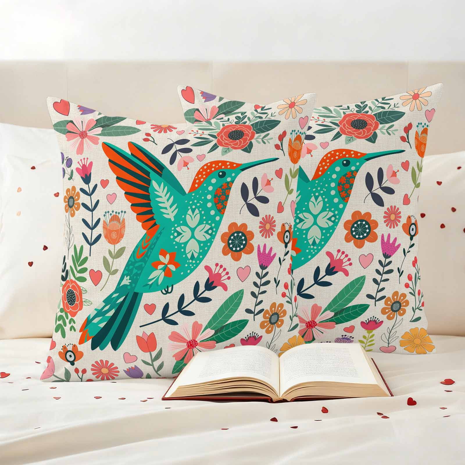 Turquoise Birds Outdoor Waterproof Pillow Covers, Country Cartoon Colorful Flowers Herbs Decorative Square Throw Pillowcase Sofa Cushion Sham for Patio/Couch/Chair, 24"x24" 2 Pack
