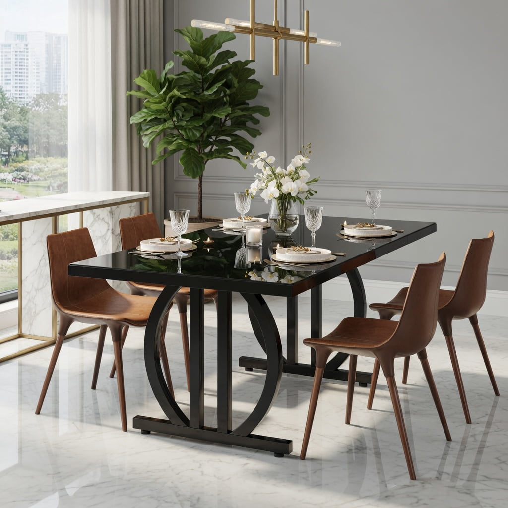 Hommoo 63 Inch Modern Dining Table for 4-6 People, Sleek Metal Frame Rectangular Kitchen Table with MDF Top, Black