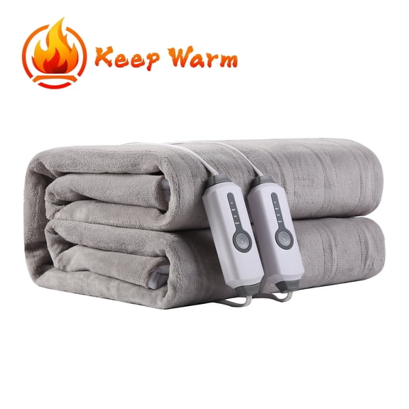 YAKEE Electric Heated Mattress Pad Queen Size, Soft Coral Fleece with Dual Control, 4 Heating Levels, 10 Hours Auto off, Overheat Protection, Machine Washable, Medium Gray