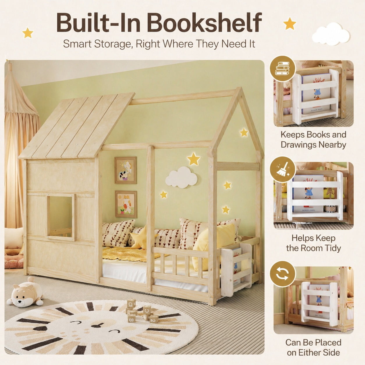 Miniyam Montessori Floor Bed with Roof and Guardrails, Kids House Bed Frame with LED Lights and Bookshelf, Natural