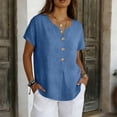 thumbnail image 2 of Women's Casual Short Sleeve V-Neck Button-Down Top - Loose Fit Linen-Blend Blouse for Summer, Everyday Wear & Vacation Sky Blue S, 2 of 7