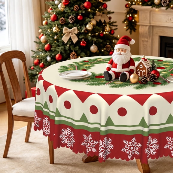 Nanqianyi Christmas Wreath Snowflake Round Tablecloth,60 Inch,Washable Table Cover for Holiday Party Kitchen Dinning Decor