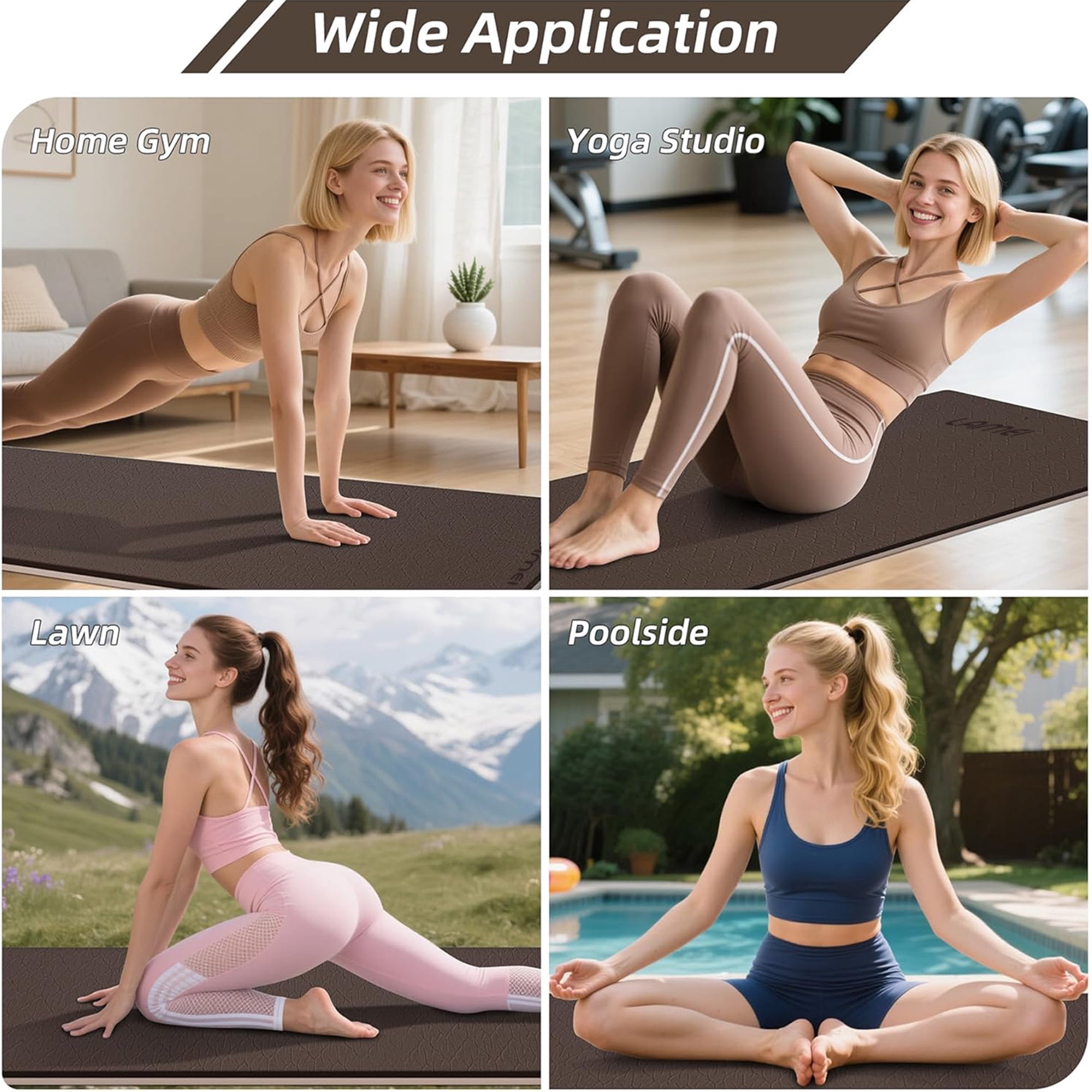 LAMEI Yoga Mat Thick 10mm, 31.5" Extra Wide for Men and Women, Non-Slip TPE Exercise Matt, Two Tone Fitness Mats with Straps for Carrying(Brown+Beige)