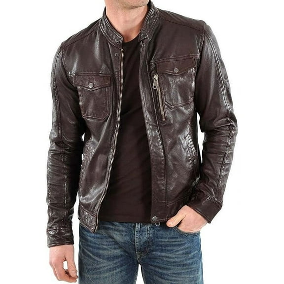 Men Leather Jacket Slim Fit Biker Motorcycle Genuine Lambskin Jacket A116