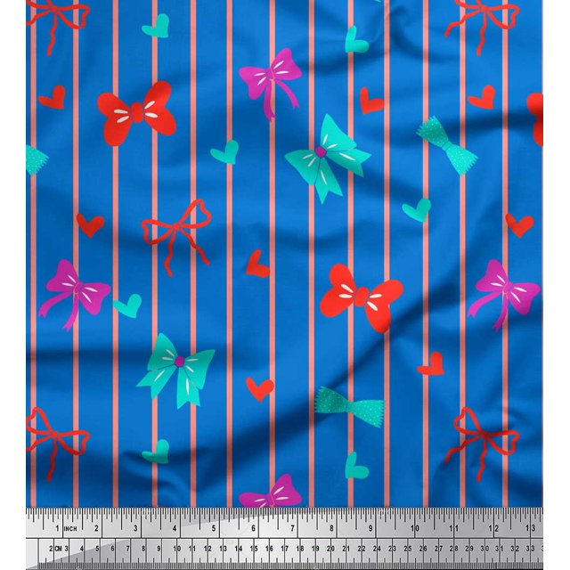 Soimoi Blue polyester Crepe Fabric Bow & Stripe Print Fabric by Yard 52 Inch Wide