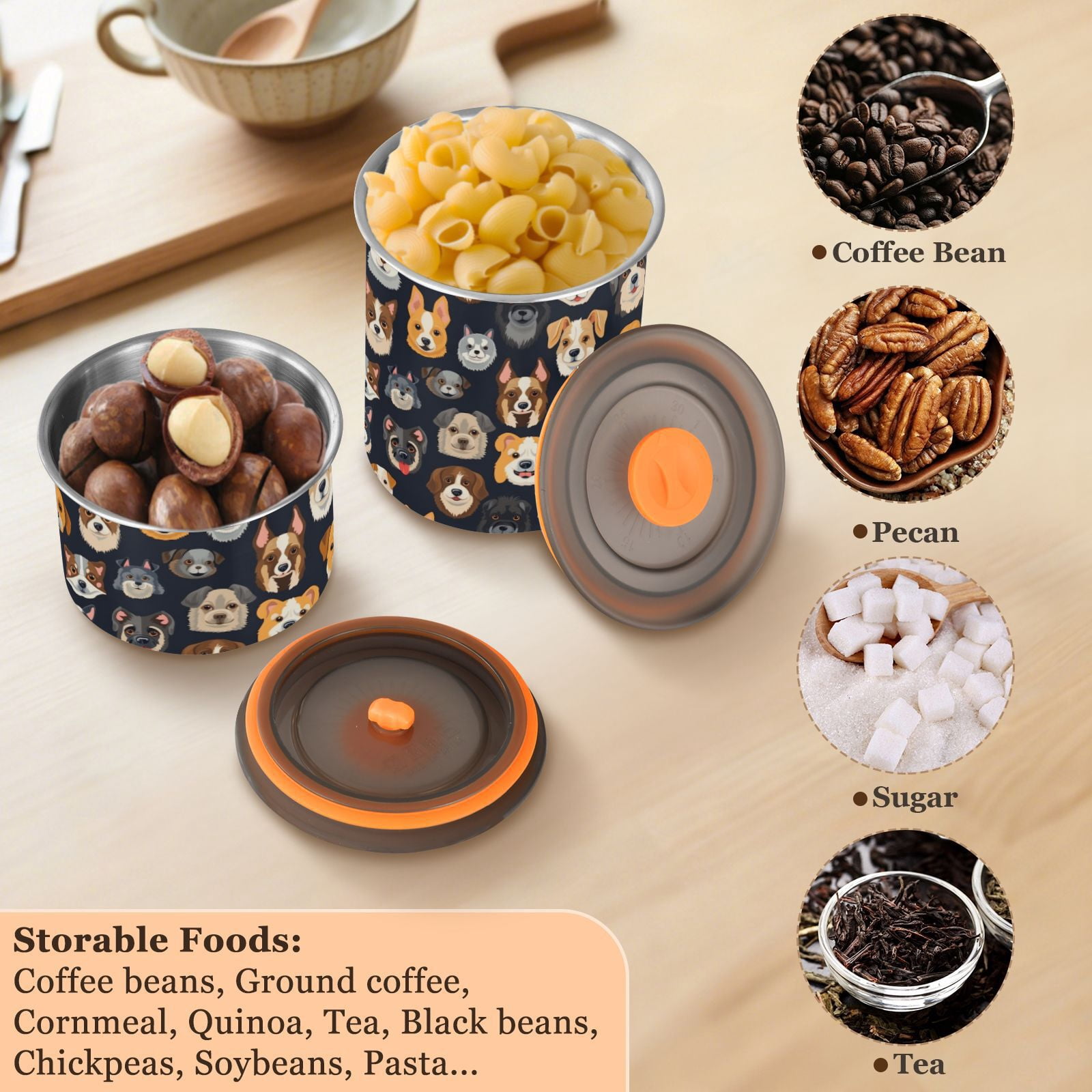 Doodle Dogs Print Puppy Airtight Coffee Bean Canister 30oz Food Storage Containers with Lids For Gournd, Tea, Sugar, Flour, Rice, Cereal, Candy Cookie Jar