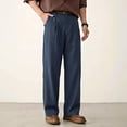 thumbnail image 4 of GINGTTO Men's Navy Blue Linen-Blend Pleated Pants - Relaxed-Fit Trousers for Office & Casual Wear, 4 of 5