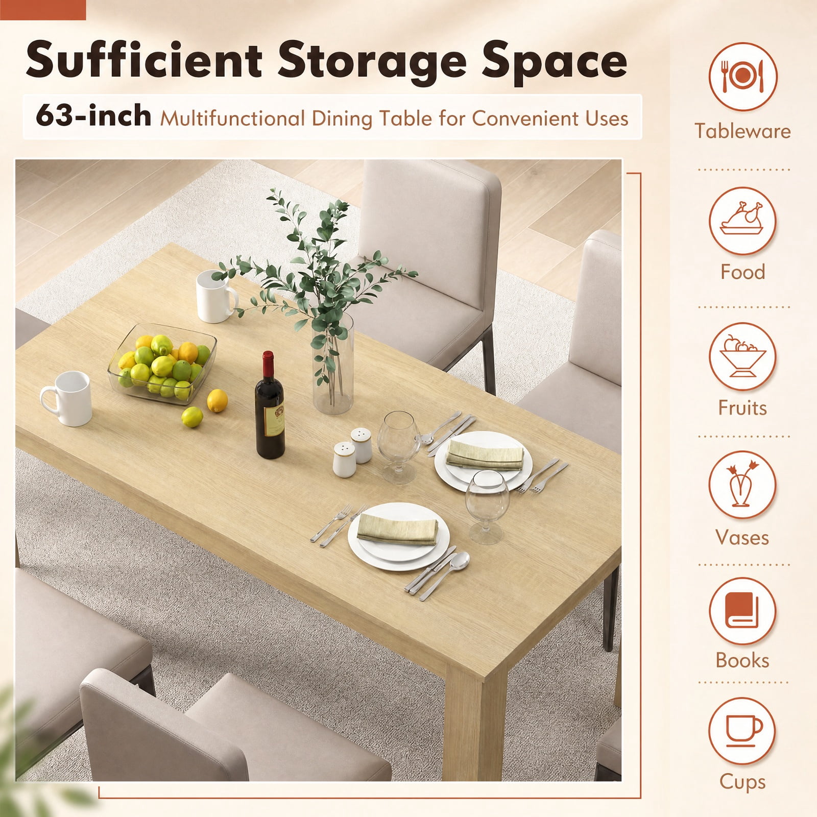 Furnibear 63 Inch Rectangular Modern Wood Dining Kitchen Table Seats 6 for Dining Room Kitchen Study Office Restaurant, Oak