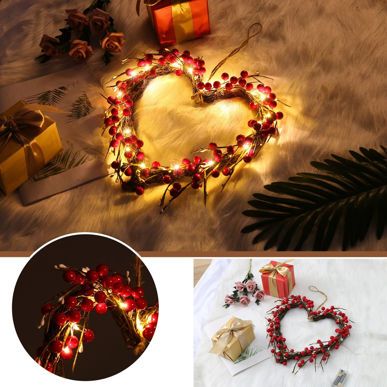 Valentines Day Decor 16 Inch Garland//Wreath with Lights,Heart-Shaped Valentines Day Decor Indoor Home Outdoor Party Gift,Garland with LED Battery Lights