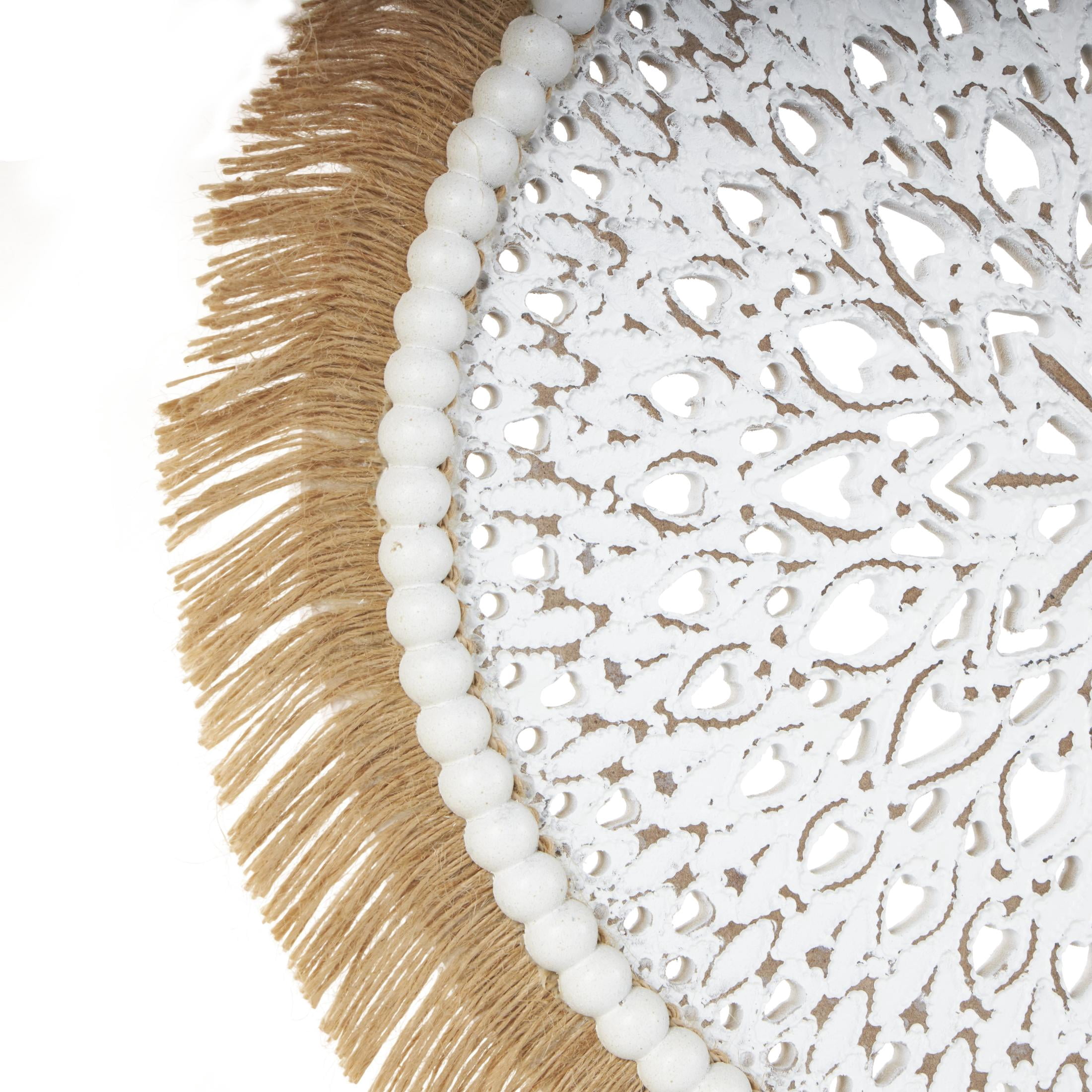 14" x 18" White Wooden Handmade Seagrass Fringed Tribal Sculpture with Black Base, by DecMode