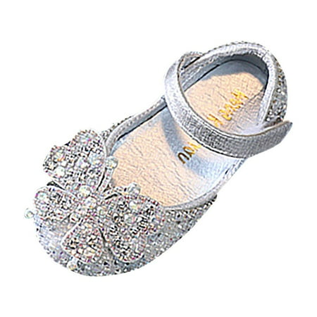 NOLDARES Girls Dress Shoes Platform Heel Ankle Strap Princess Flats Flower Party Wedding Pump for Little Big Kid(Silver 24)
