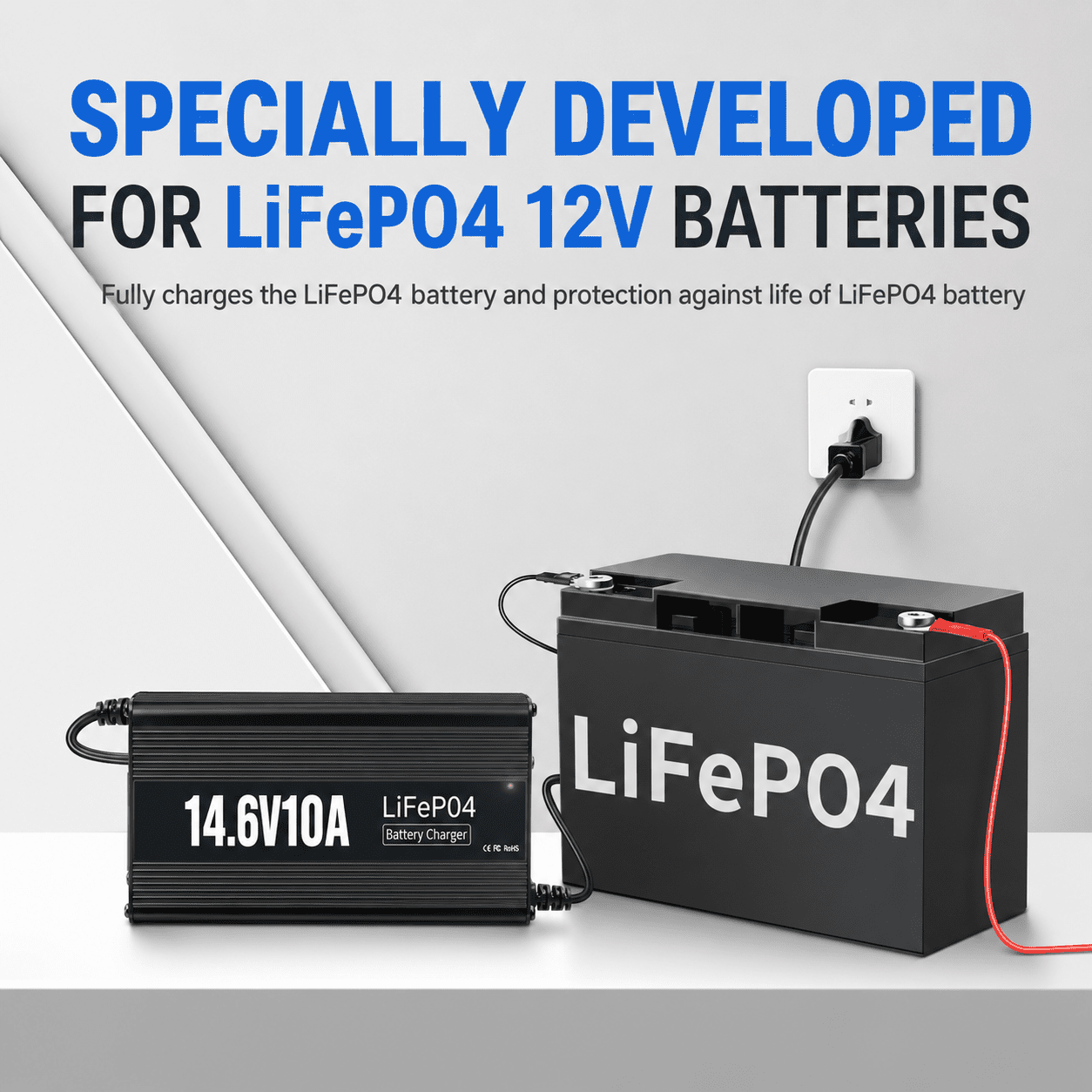 12V 10A Lithium Battery Charger, 14.6V Battery Charger with Premium Aluminum Housing - 0V Activation for LiFePO4  Golf Cart, RV, Marine, Boat, Trolling Motor - Includes Connector