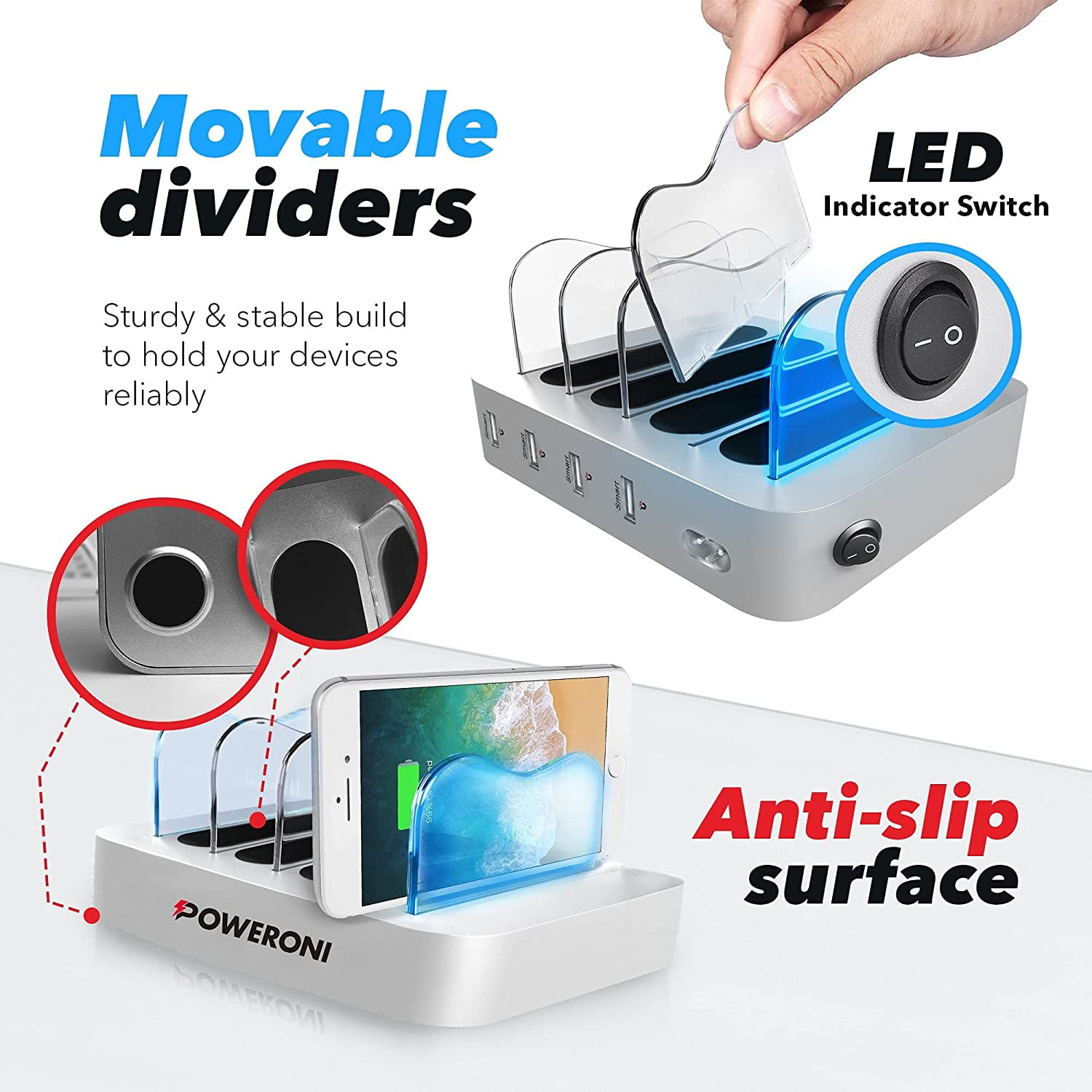 Poweroni USB Charging Station Dock - Fast Charge Docking Station for Multiple Devices - Multi Device Charger Organizer - Compatible with Apple and Android (Silver 4-Port)