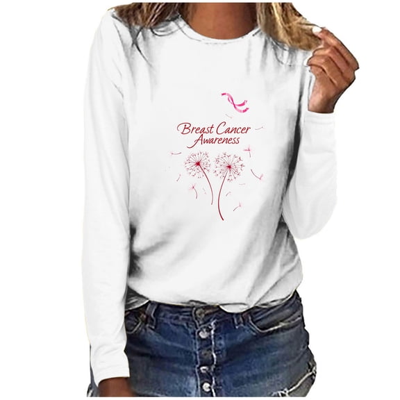 SDNall Women's Printed Casual T-Shirt with Long Sleeves - Comfortable Breast Cancer Awareness Design