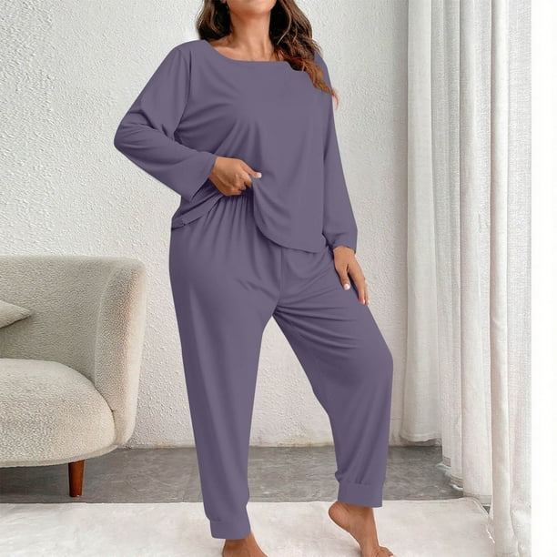 Pincandy Women's Plus Size Pajama Set - Crew Neck Long Sleeve Top & Pants, Casual & Comfortable for Homewear