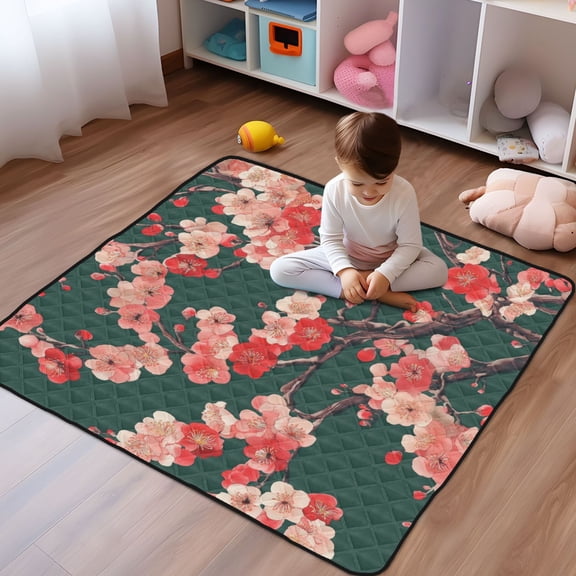 WOBOGO Plum Blossom Baby Playmats Extra Large Waterproof Rollable Activity Pads for Toddlers 50×50inch