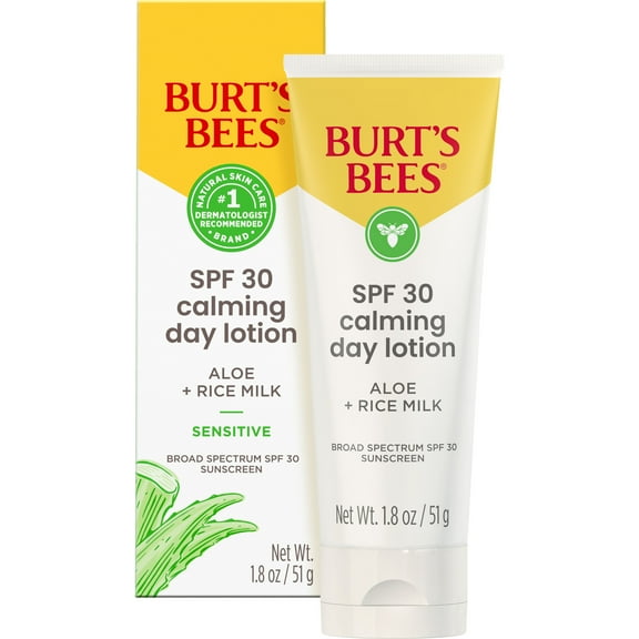 Burts Bees SPF 30 Calming Day Lotion with Aloe and Rice Milk for Sensitive Skin, 1.8 Fluid Ounces