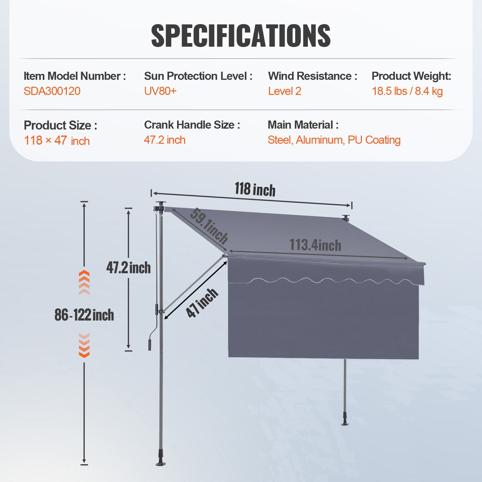 KFFKFF Patio Awning Retractable 9.8'x3.9' Awning Sunshade Shelter 86"-122" Height