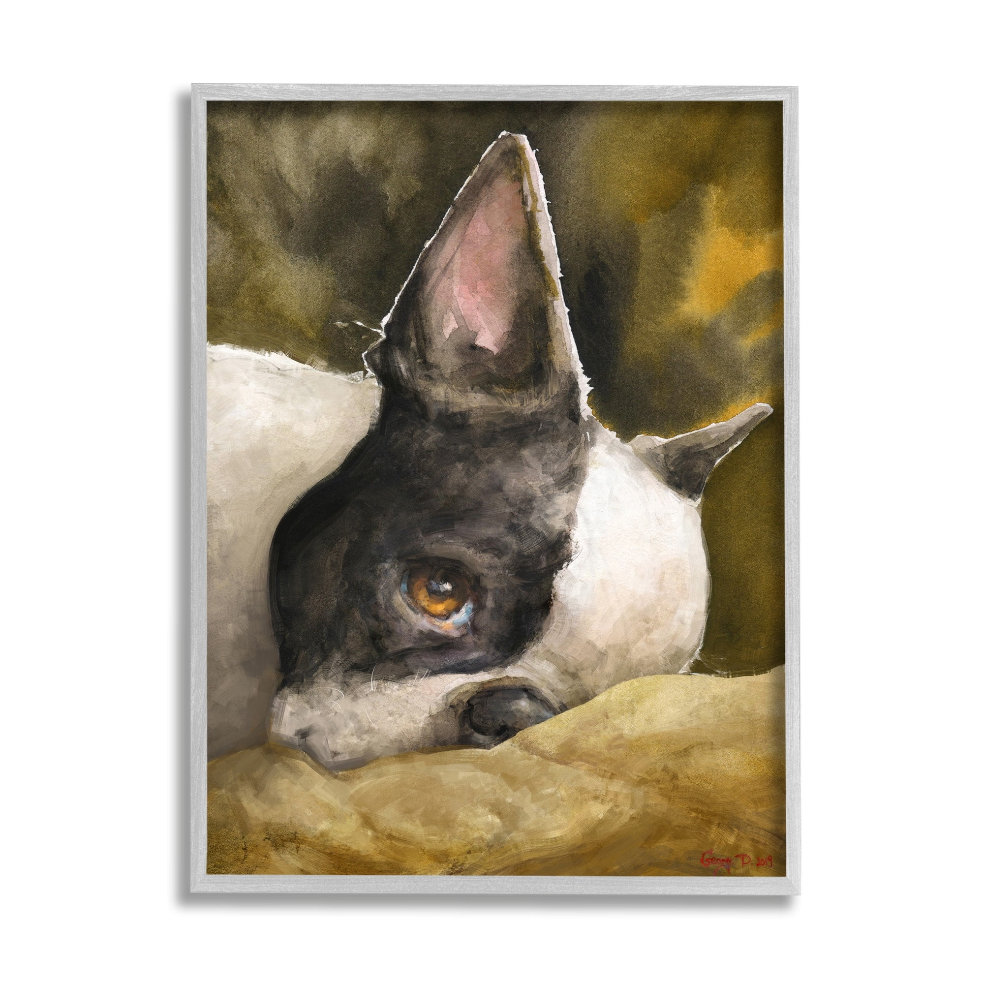 Stupell Industries Boston Terrier Resting Dog Pet Portrait Black Brown Grey Framed, 16 x 20, Design by George Dyachenko