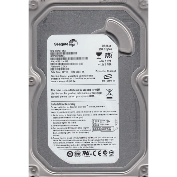 ST3160215ACE, 9RX, TK, PN 9CZ012-016, FW 3.CKA, Seagate 160GB IDE 3.5 Hard Drive