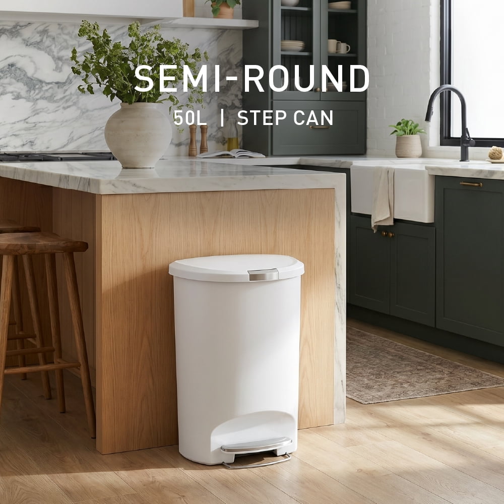 simplehuman 13 Gallon Semi-Round Kitchen Trash Can, White Plastic