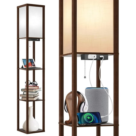 Outon Floor Lamp with Shelves  USB Port  Linen Shade 63.7   Memory Function Tall LED Wood Shelf Floor Lamp for Living Room  Bedroom - Walnut