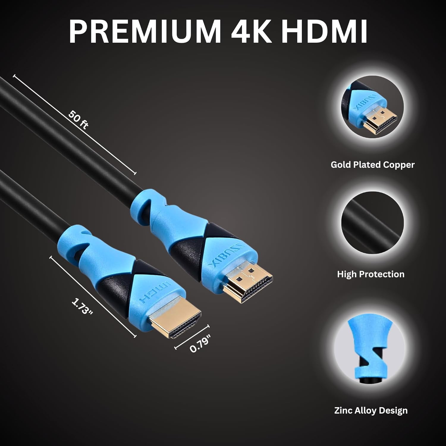 XIBUZZ 30ft 4K HDMI Cable - High Speed 10Gbps, 60Hz, 1080p Full HD, CL3 In-Wall Rated, ARC, Ethernet