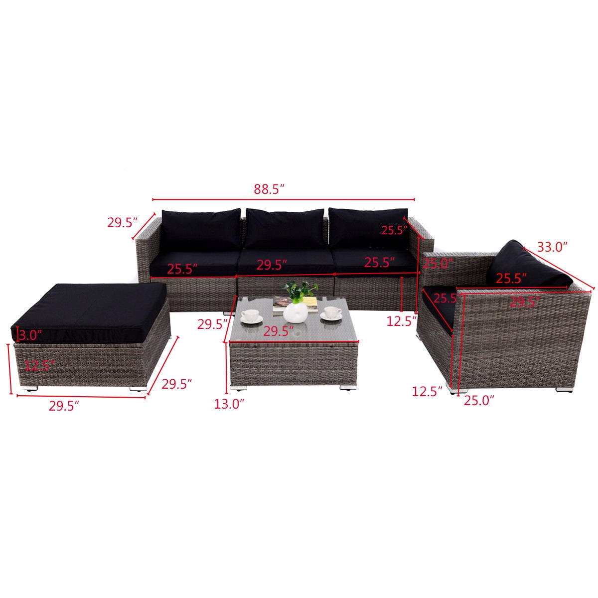 Costway 6 Piece Rattan Wicker Patio Furniture Set Sectional Sofa Couch Yard W Black Cushion