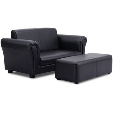 Children Sofa w/Footstool, 32.5‘’x16.5‘’x16‘’ Upholstered Couch, Sturdy Wood Construction, 2 Seat Armrest Chair Lounge for Preschool Kids Toddlers Boys, Girls,  and CPSIA Certified (Black)