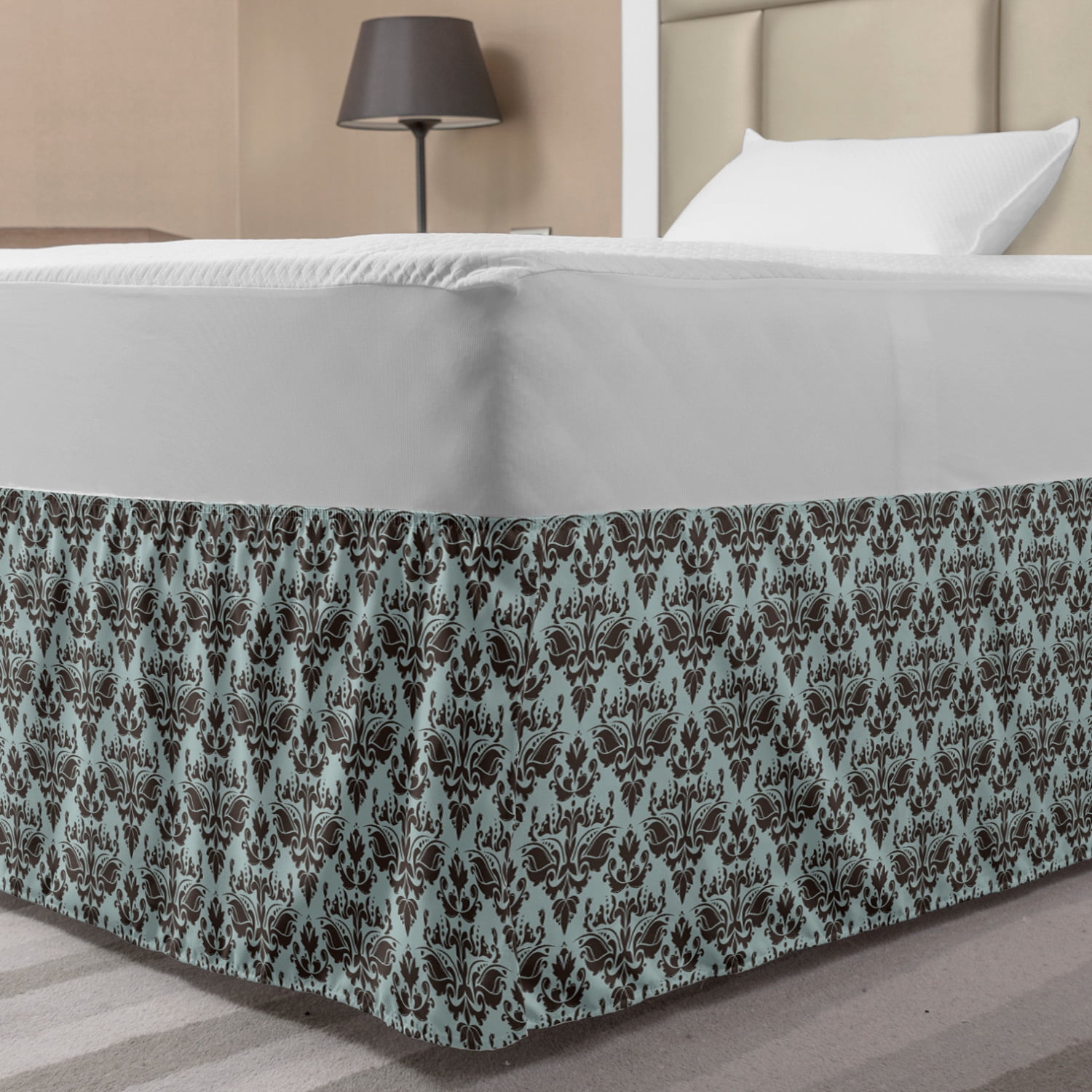 Damask Bed Skirt, Damask Shapes Motif Western Modular Leaves and Rayon
