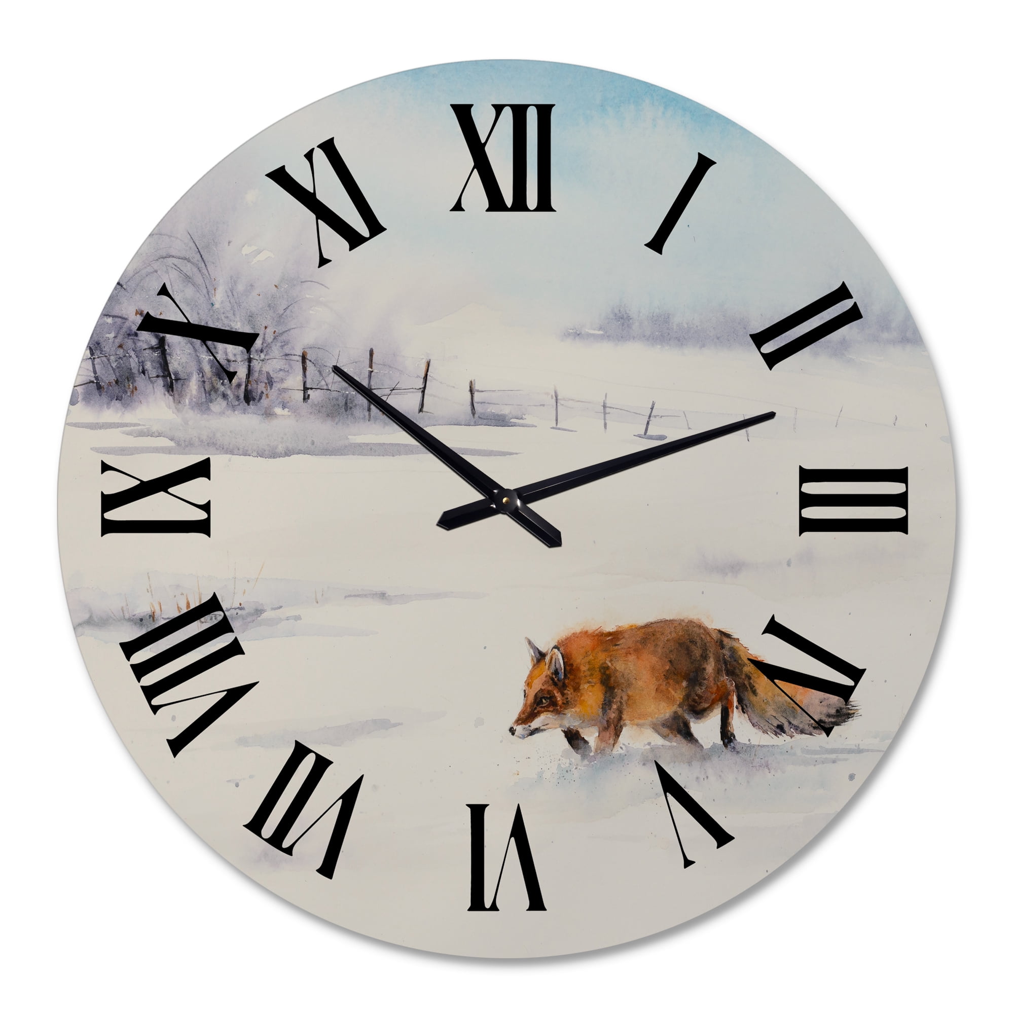 Designart 'Red Fox Running In White Snow I' Farmhouse Wall Clock