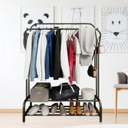 Heavy Duty Clothing Garment Rack, Freestanding Hanger Double Rail Clothing Rack Multi-functional Bedroom Wardrobe Clothes Organizer Stand Double layer 2 Shoe Shelves
