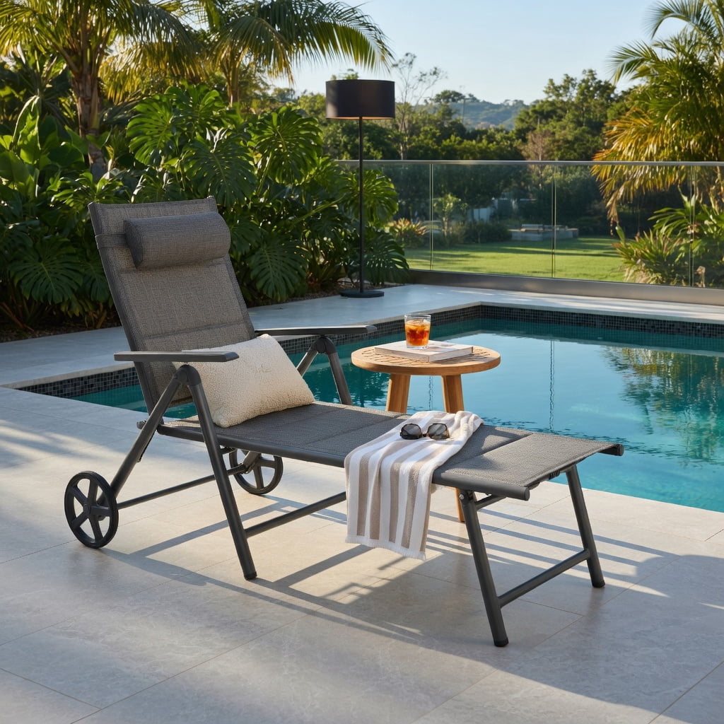 Hommoo Adjustable Aluminum Patio Chaise Lounge Chair with Neck Pillow, 7-Position Reclining, All-Weather Fabric, Rolling Wheels & Foldable Design, Gray