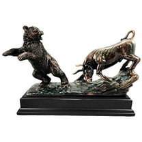 Wall Street Stock Market Bull Charging At Bear Overpowered Bronze Electroplated Figurine