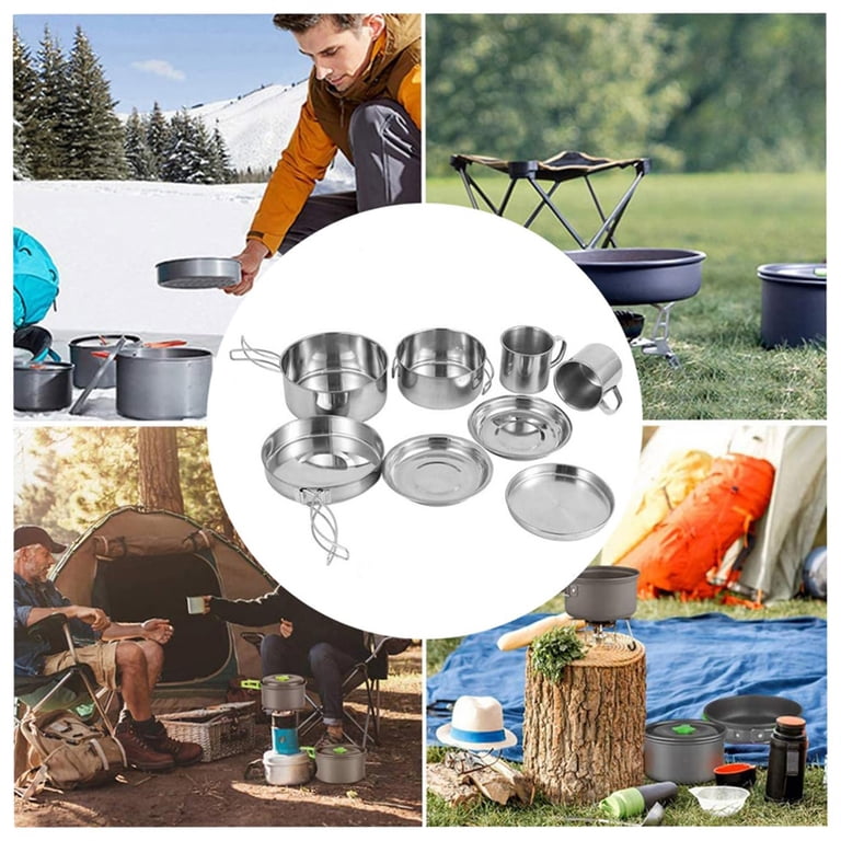8pcs outdoor camping hiking cookware backpacking cooking pic Bulin Mess Kit Lightweight Set Cook Gear for Family Hiking, Picnic(Kettle, Pot, Frying Pan, Bowls, Plates, Spoon) : Sports & Outdoors Stainless steel Large Pot 8pcs Stainless Steel Camping Cookware