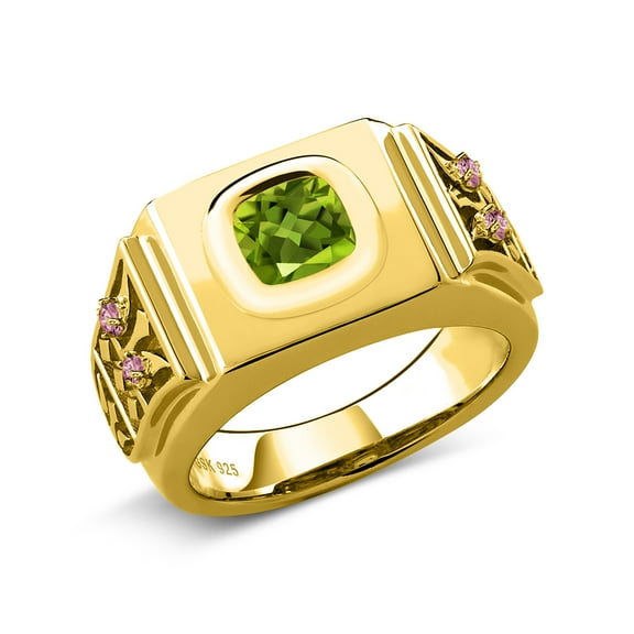 Gem Stone King 2.48 Ct Green Peridot Pink Lab Grown Diamond 18K Yellow Gold Plated Silver Men's Ring (Size 9)