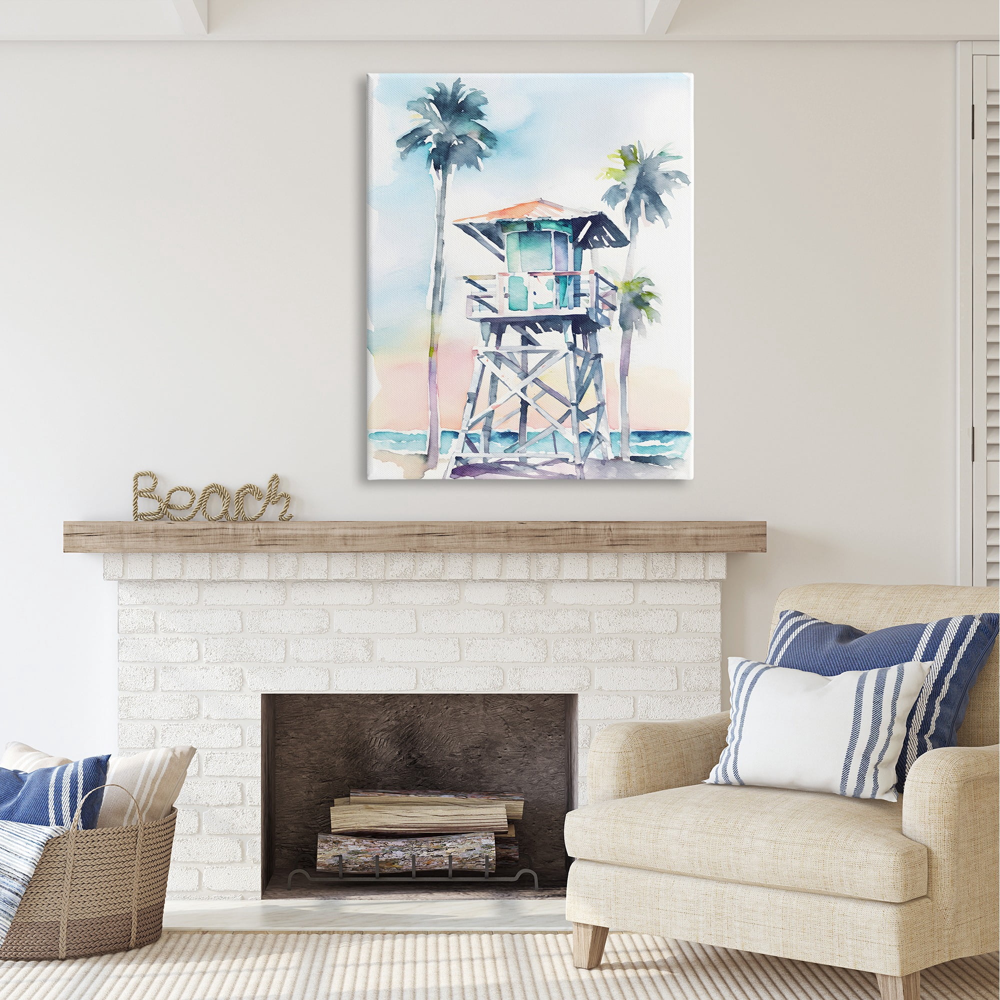 Stupell Industries Lifeguard Hut on Beach Landscape Painting Gallery Wrapped Canvas Art Print Wall Art, 36 x 48