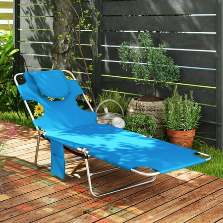 Outsunny Folding Beach Lounge Chair with Face Hole and Arm Slots  5-level Adjustable Sun Lounger Tanning Chair with Pillow  Light Blue