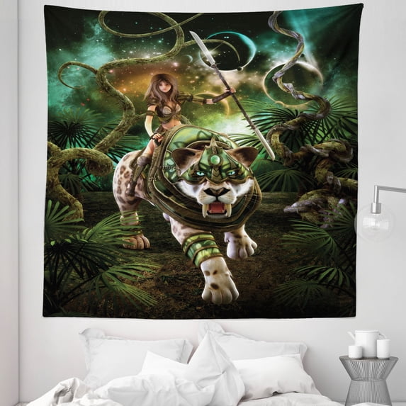 Fantasy Tapestry, Graphics of Fantasy Scene with Girl and Saber-tooth Tiger Plants Galaxy, Fabric Wall Hanging Decor for Bedroom Living Room Dorm, 5 Sizes, Green, by Ambesonne