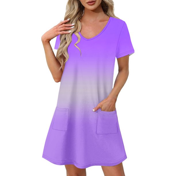 Vestido Corto de Verano Moda Gradiente Corto de Manga en V Cuello Vestido Casual, Poliéster Ligero de Verano, Lavado de Manos