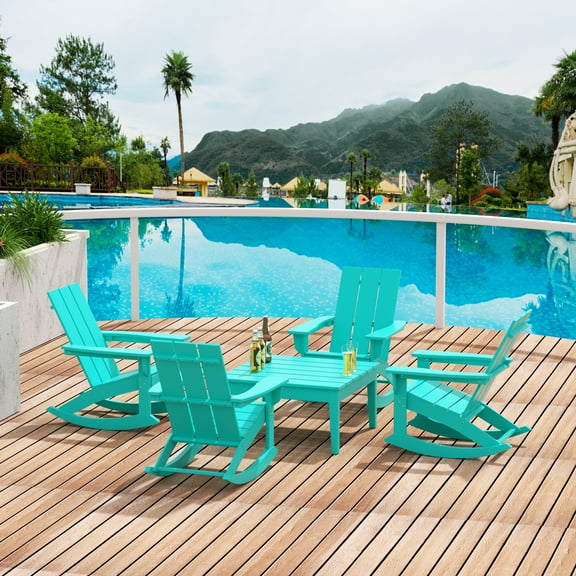 WestinTrends Ashore 5 Piece Patio Rocking Chair Set, All Weather Poly Lumber Adirondack Rocker Conversation Set Porch Patio Chairs Set of 4 with Low Coffee Table, Turquoise