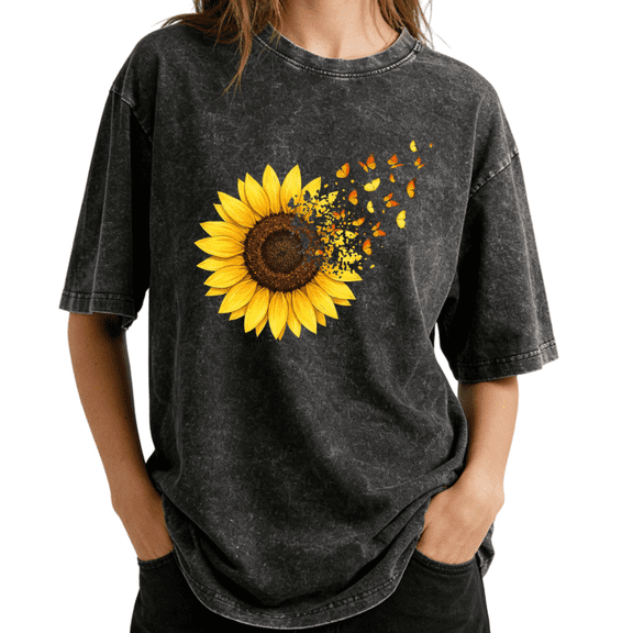 Sunflower Butterfly Transformation Wash Print Tshirt Graphic Tees Charcoal Oversize S-2XL Casual Tops