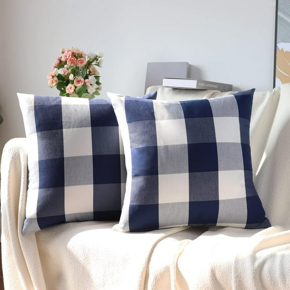 Buffalo Check Plaid Pillow Covers Decorative Outdoor Throw Pillow Covers 18 x 18 Farmhouse Throw Pillows for Couch Sofa Bed Home Pack of 2 Navy Blue