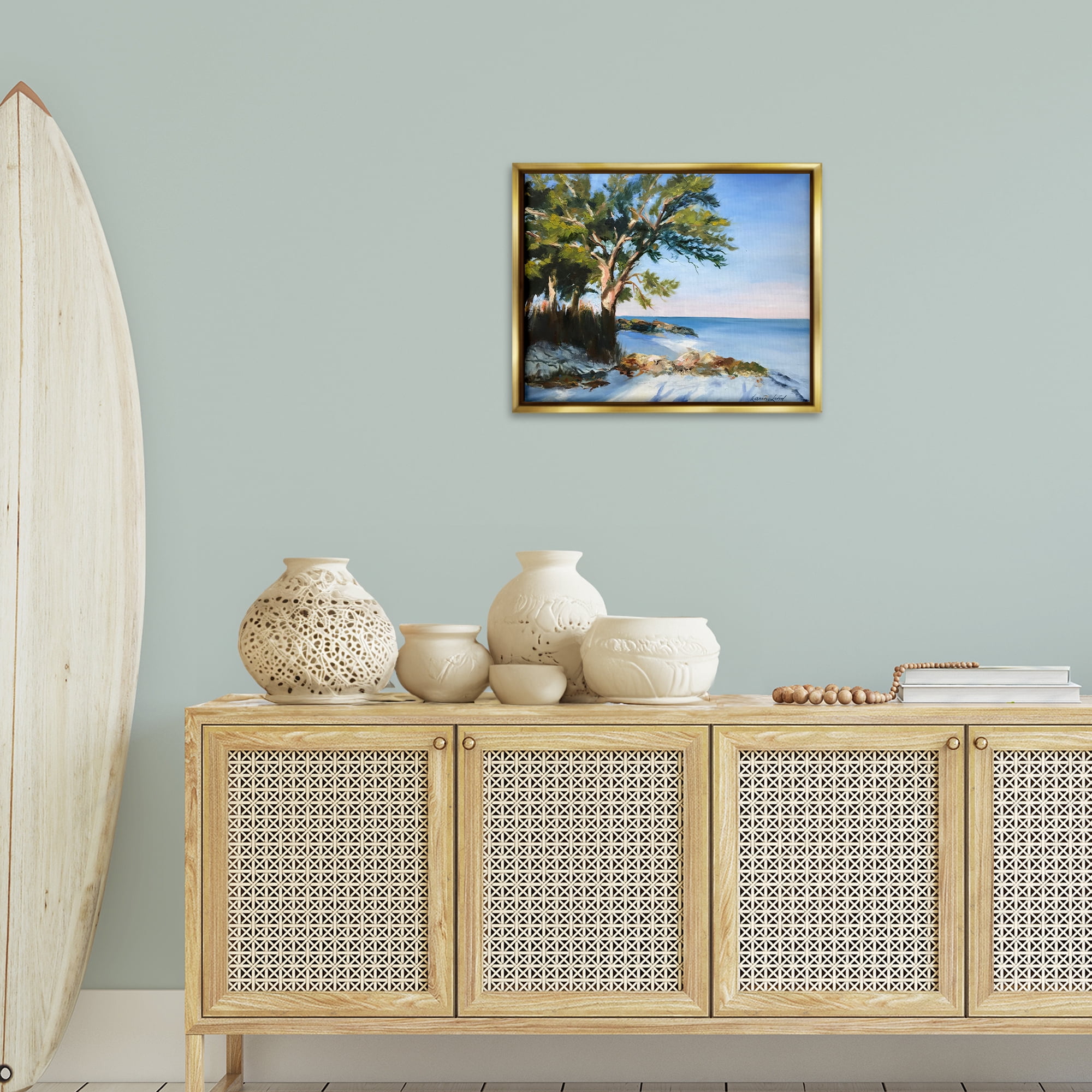 Stupell Industries White Sand Beach Landscape Painting Gold Floater Framed Canvas Art Print Wall Art, 21 x 17