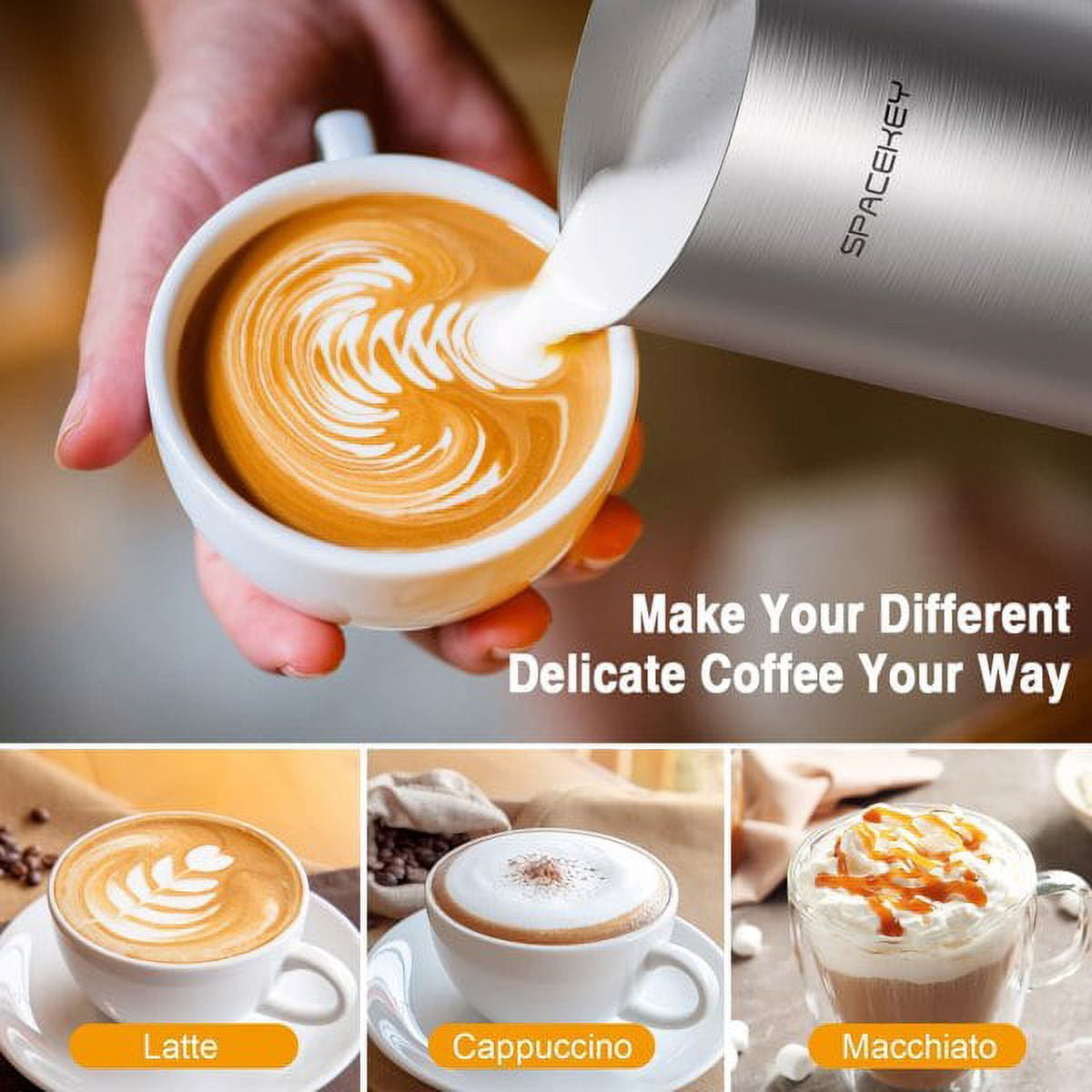 Milk Frother, Electric Milk Steamer, Spacekey 4-in-1 Automatic Hot and Cold  Foam Maker with Touch Screen, 10oz/300ml Stainless Steel Milk Foamer with  Buzzer for Latte,Cappuccinos,Chocolate Milk,Silver 
