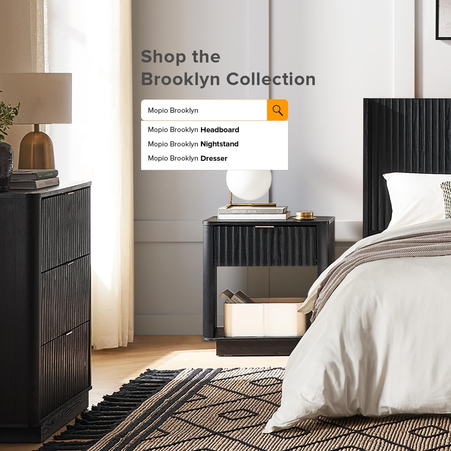 Mopio Brooklyn Black Oak Nightstand, Modern Farmhouse Side Table with Drawer and Storage, Fluted Panel, Curved Profile, Rose Gold Handle