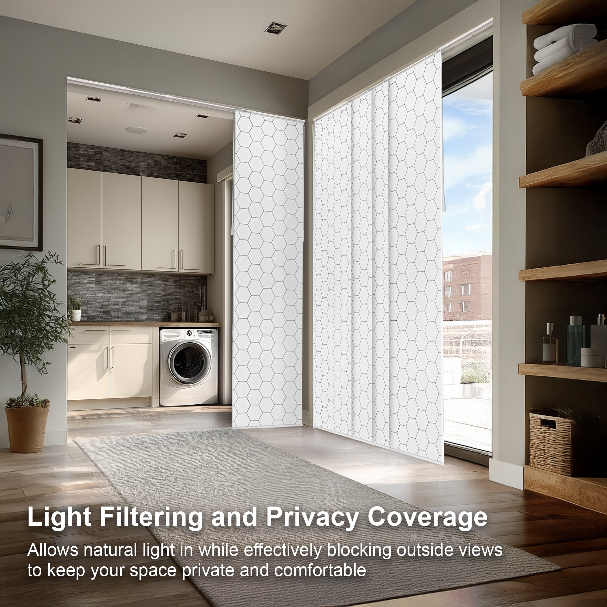 Chicology Adjustable Sliding Panel Blinds. Hexagon, 46"-86"W X 0"-96"H