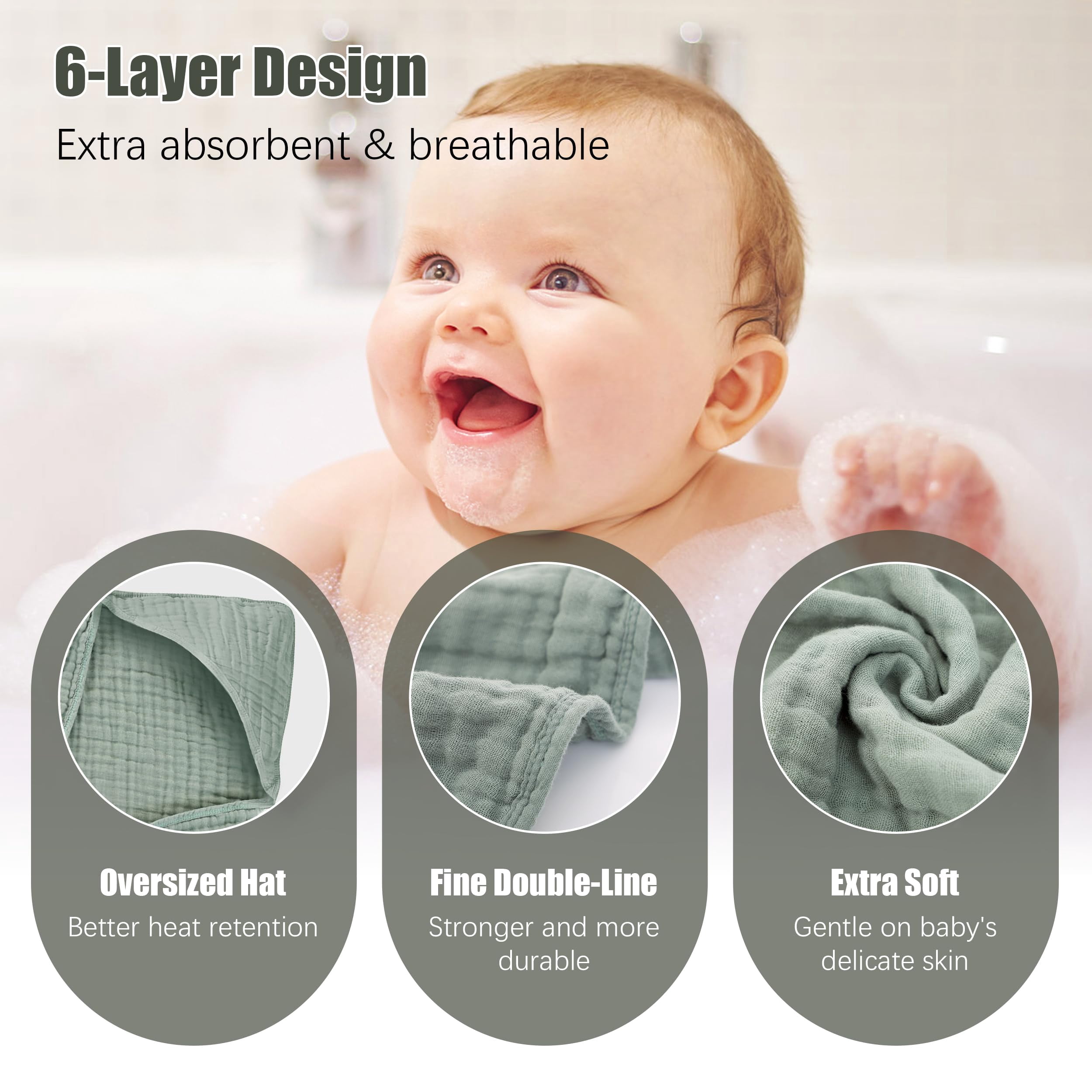 2 Pack Hooded Baby Towels - 100% Muslin Cotton for Newborns, Infants, Toddlers - Large 32x32Inch Size - Highly Absorbent and Essential for Newborn Care