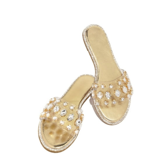 Liliana Honnay-2 Gold Clear Rhinestone Gem Slip On Slide Mule Flat Sandals (Yellow, 8.5)