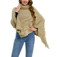 thumbnail image 3 of YouLoveIt Turtleneck Poncho Sweater for Women Soft Shawls Capes Irregular Hem Fringed Striped Pullover Wrap Coats Sweater Knit Tops with Pearl, 3 of 8